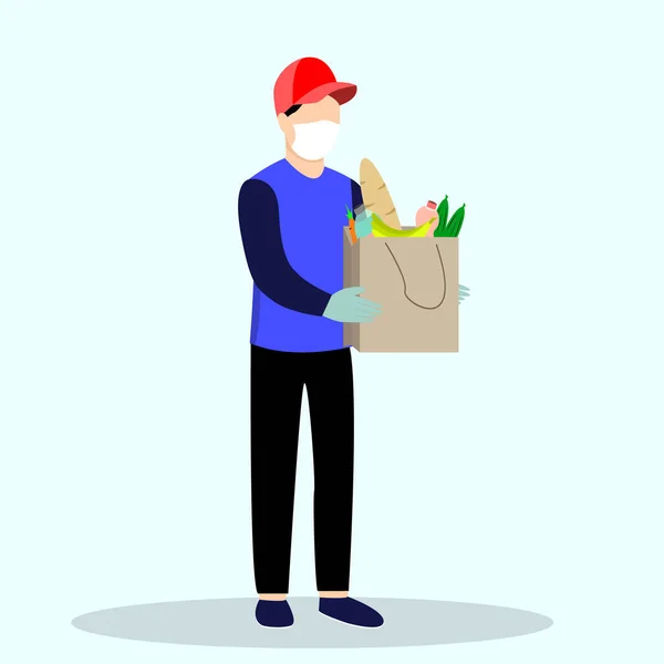 Courier homem em uma máscara médica protetora tem um pacote de comida em suas mãos. COVID-19. Entrega casa e escritório . — Vetor de Stock