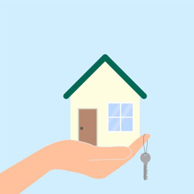 Avuç içi ev ve anahtarı parmağında tutuyor. Ev acentesi, ev satışı ve kirası. Vektör illüstrasyonu.