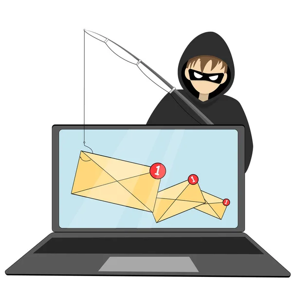 Phishing zwendel, hacker aanval en web security vector concept. Illustratie van phishing en fraude, online oplichting en stelen — Stockvector