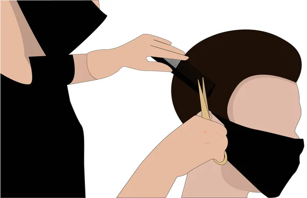 Um tipo mascarado a cortar o cabelo na barbearia. — Vetor de Stock