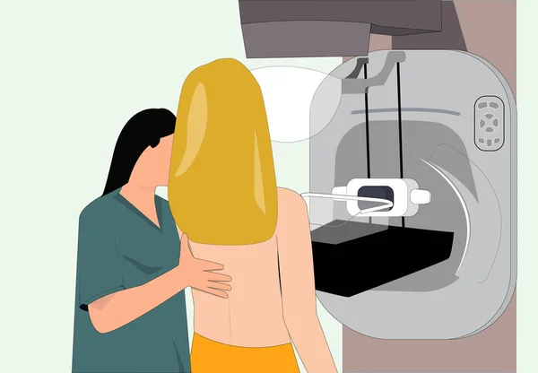 Female Assisting Doctor Helps Patient Undergoing Mammogram Ray Test Mammography — Stock Vector