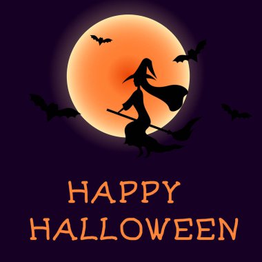 Mutlu Cadılar Bayramı. Vektör çizimi. Süpürgedeki cadı, yarasalar. Tebrik imzası.