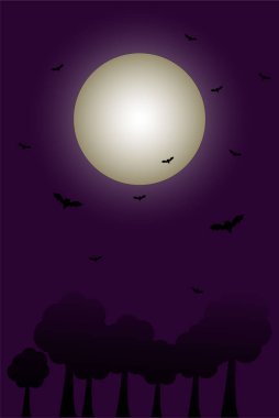 Cadılar Bayramı gecesi. Dolunay, yarasalar geceleri karanlıkta uçar. Siste ağaçlar. Vektör illüstrasyonu.