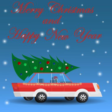 Araba bir Noel ağacı taşıyor. Mutlu yıllar. Mutlu noeller. Kırmızı araba, çelenk. Karlı bir arka plan. Yeni yıl atmosferi, soğuk, buz, kar. Tebrik kartı. Vektör illüstrasyonu