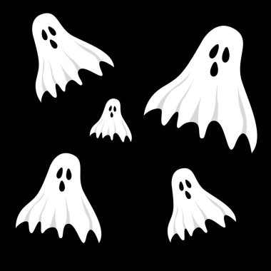 Hayaletlerle dolu bir geçmiş. Cadılar Bayramı. Karanlık arka plan. Korkunç hayaletler. Vektör illüstrasyonu