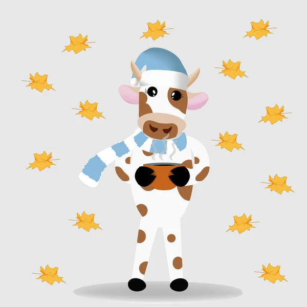一只戴着蓝色帽子和围巾的可爱的公牛站在那里 手里拿着一只杯子 从寒冷的秋天保暖 树叶落在后面了 秋天的概念 一杯热咖啡 2021年的象征 — 图库矢量图片
