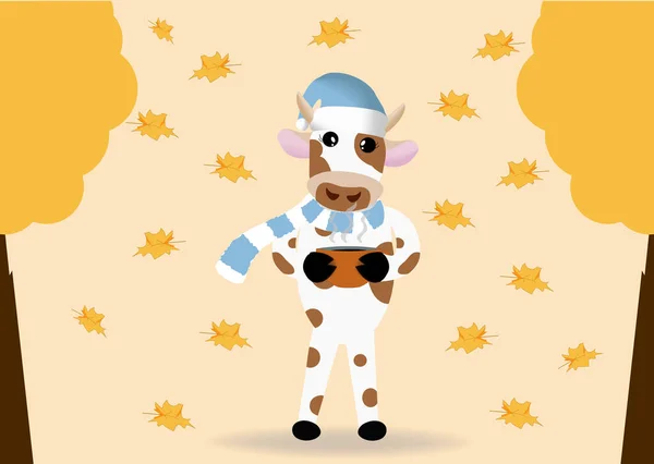 一只戴着蓝色帽子和围巾的可爱的公牛站在那里 手里拿着一只杯子 从寒冷的秋天保暖 树叶落在后面了 秋天的概念 2021年的象征 矢量说明 — 图库矢量图片