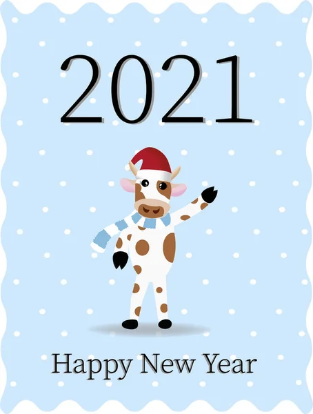 一头头戴牛皮帽 披着围巾的公牛在蓝色背景上摇曳着雪花 新年理念 2021年题词 新年快乐 明信片 矢量说明 — 图库矢量图片