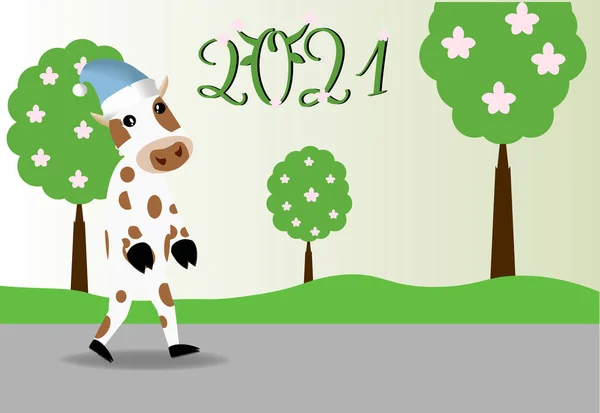 公牛在绿色的公园里散步 后面是树 树在开花 春天的概念 2021年花体字母 — 图库矢量图片