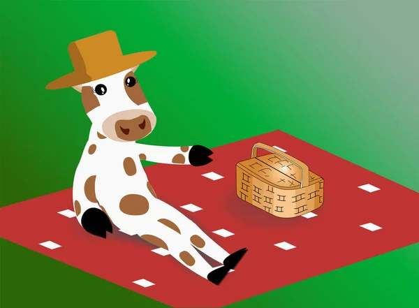 公牛正坐在野餐的概念上.春天的概念。头戴一顶装有购物篮的帽子的奶牛.公牛本质上坐在毛毯上.矢量说明. — 图库矢量图片