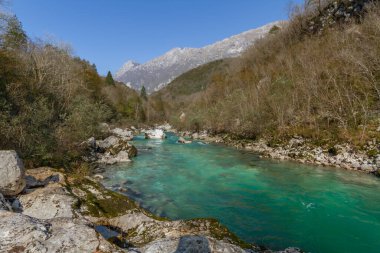 Kobarid, Slovenya - 28 Ekim 2014: Soca Nehri Slovenya 'nın batısından akar ve kaynağı Julian Alpleri' dir. Europa 'nın en güzel nehirlerinden biri, zümrüt rengi ile bilinir..