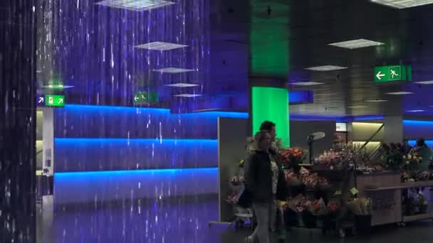 Zurich Suisse Novembre 2019 Fontaine Illuminée Violet Vert Dans Passage — Video