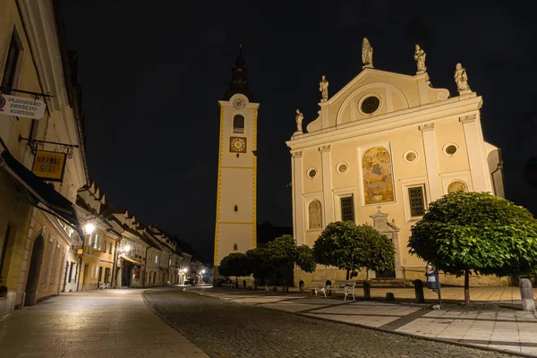 Kamnik, Slovenya - 2 Ağustos 2020: Kamnik 'teki kilise, Slovenya Cumhuriyeti' nin Steiner Alpleri 'nin güneyinde bir belediye. Şehir merkezi başkente 24 kilometre uzaklıktadır.