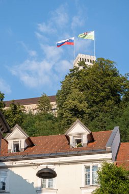Ljubljana, Slovenya - 13 Ağustos 2020: Eski merkezin üstündeki tepenin üzerindeki Ljubljana Şatosu