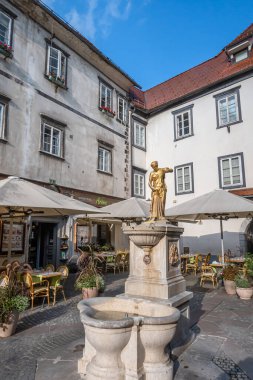 Ljubljana, Slovenya - 13 Ağustos 2020: Slovenya 'nın eski Ljubljana kentinin küçük meydanındaki altın heykel