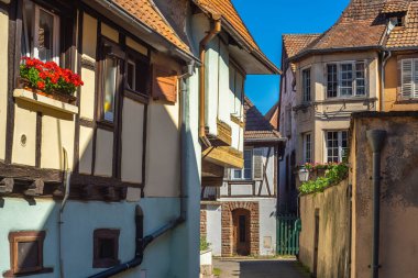 Ribeauville, Alsace, Fransa 'da yarı keresteli evler ve çiçek kutularıyla büyüleyici dar bir cadde..