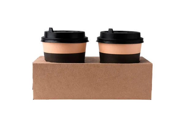 Twee Standart Beige Bruine Koffiebekers Cupholder Voor Twee Mokken Geïsoleerd — Stockfoto