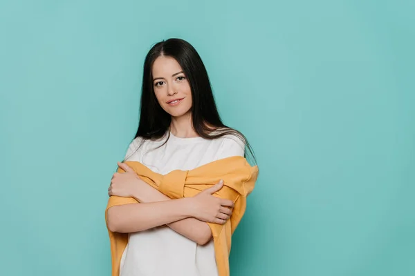 Young Beautiful Brunette Woman Dressed Casual Cute Smiling Folded Hands — Stock Photo, Image