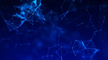 Mavi arka planda soyut kompozisyon. Bağlantı yapısı. Üçgenleri, noktaları ve çizgileri birleştiren bir arka plan. 3d oluşturma.