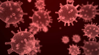 Kırmızı arkaplanda Coronavirus soyut çizimi. 3d oluşturma