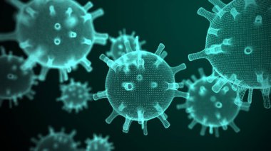 Siyah yeşil arka planda soyut Coronavirus çizimi. 3d oluşturma