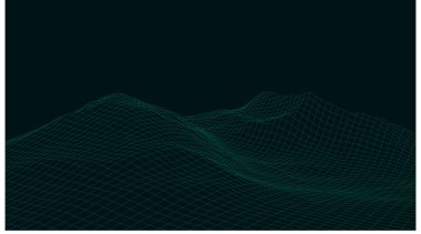 Soyut vektör kablo çerçevesi arkaplanı. Üç boyutlu fütüristik örgü dağları. 80 'lerin Retro çizimi. Siber uzay teknolojisi vadileri.