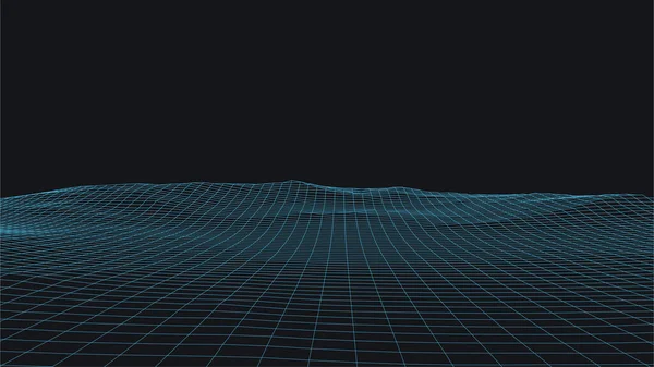 抽象ベクトルのワイヤーフレームの背景 3D未来のメッシュ山 80年代レトロイラスト サイバースペース技術谷 — ストックベクタ