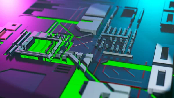 Abstract cyberpunk city. Technological background. microcircuit and computer parts. City of the future. 3d rendering