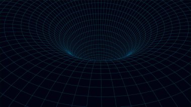 Mavi tünel arka planı. Tel çerçeve 3D yüzey tüneli. Soyut solucan deliği. Vektör İllüstrasyonu.