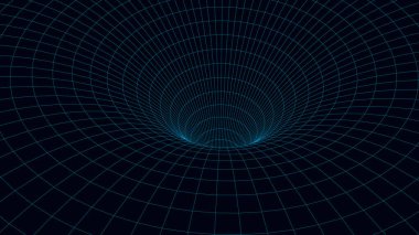 Mavi tünel arka planı. Tel çerçeve 3D yüzey tüneli. Soyut solucan deliği. Vektör İllüstrasyonu.