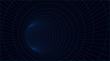Mavi tünel arka planı. Tel çerçeve 3D yüzey tüneli. Soyut solucan deliği. Vektör İllüstrasyonu.