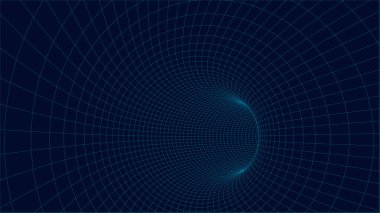 Mavi tünel arka planı. Tel çerçeve 3D yüzey tüneli. Soyut solucan deliği. Vektör İllüstrasyonu.