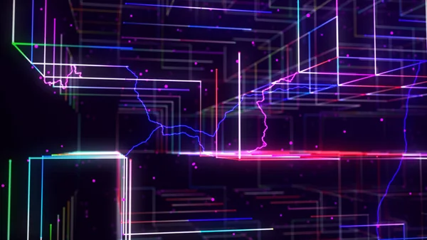 Abstraktní Neonová Krychle Zářící Pletivo Statickou Elektřinou Cyberpunk Signboard Vykreslování — Stock fotografie
