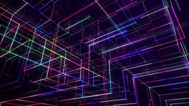 Soyut neon küp. Statik ile parlayan ağ. Siber punk tabelası. 3d oluşturma