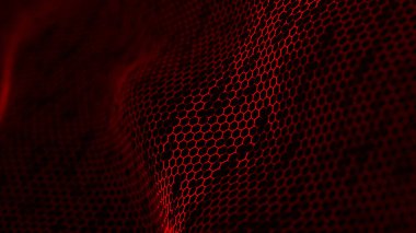 Geleceğin altıgen perspektif dalgası. Koyu arkaplanda mavi röfleli kırmızı altıgen. 3d oluşturma