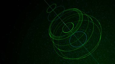 Koyu mavi arka planda soyut kompozisyon. Bağlantı yeşil yapı. Birbirine bağlı çemberler, noktalar ve çizgiler. 3d oluşturma.