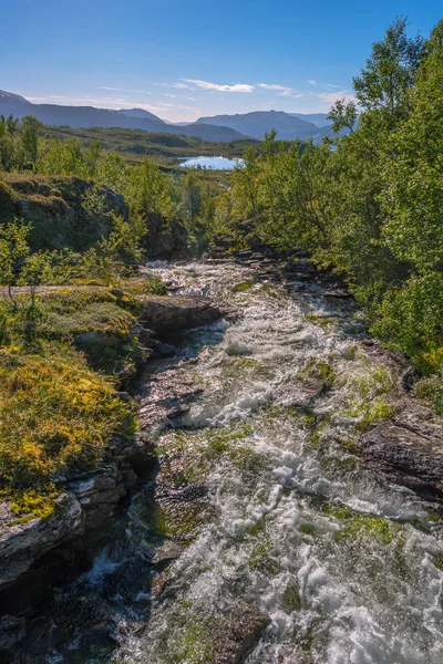 Snabb Ström Flyter Ner Till Liten Damm Frodiga Gröna Berg — Stockfoto