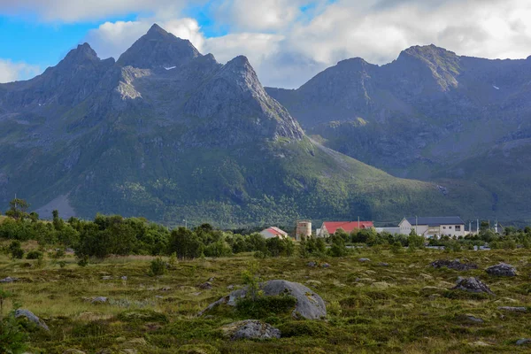 ロフォーテン諸島の夏の山の風景 息をのむ山脈と緑の山は鋭いノルウェーの美しい自然 — ストック写真