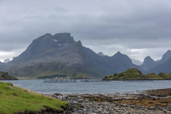 在美丽的挪威自然的鱼笔与其令人叹为观止的山脉和尖锐的绿色山峰 — 图库照片