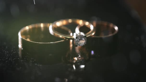 Anéis de casamento polvilhados com perfume. Macro . — Vídeo de Stock