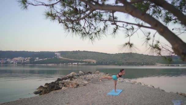 Schöne Mädchen wärmt sich auf und praktiziert Yoga am Meer. Sport, Yoga, Strand. — Stockvideo