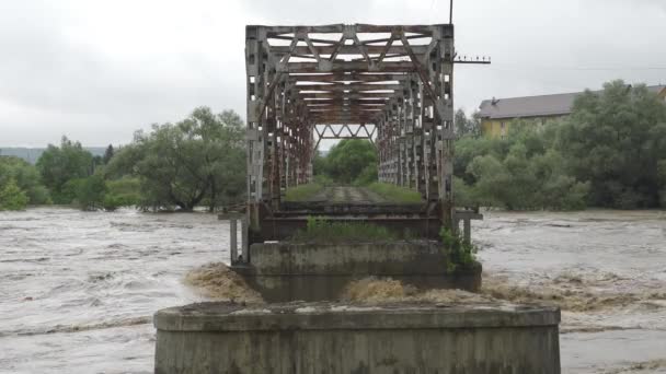 Een oude verlaten brug over een rivier die overstroomt. Stormachtig water stroomt. Extreem hoog waterpeil in de rivier. Natuurramp in het westen van Oekraïne. — Stockvideo