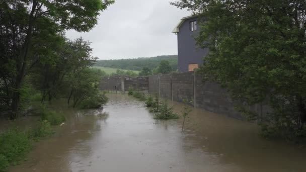 Overstroomd privé-huis tijdens een overstroming. Het regent en het waterpeil stijgt. Limnitsa rivier Oekraïne. — Stockvideo