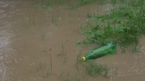 Una botella de plástico vacía de bebidas carbonatadas flota en el agua durante una inundación. Agua muy sucia, botellas de plástico flotan en el agua. Llueve y sube el nivel del agua . — Vídeos de Stock