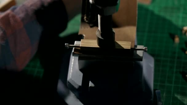 Η διαδικασία κατασκευής ενός χειροποίητου δερμάτινου πορτοφολιού. Ο τεχνίτης σφράγισε το λογότυπο. Η πλαϊνή άποψη είναι μακροεντολή. Χειροποίητα δερμάτινα είδη. — Αρχείο Βίντεο