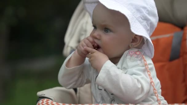 Mam met een dochtertje in een park op een bankje. Een kind van een jaar zit in een rijtuig en speelt. — Stockvideo