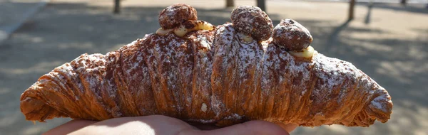 Croissant Chocolate Vanilla Flavor Sprinkled Cocoa Powder Icing Sugar Decorated — Stock Photo, Image