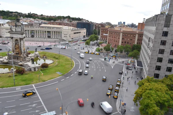 Barcelona Spanyolország 2020 Június Plaza Espaában Közlekedő Autók Buszok Taxik — Stock Fotó