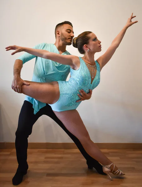 Duo Ballroom Dancers Posing Light Blue Color Dresses — Stock Photo, Image