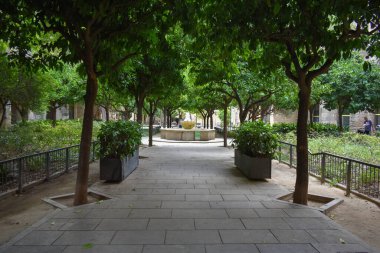 Yeşil ağaçları ve taş çeşmesi olan küçük bir park..